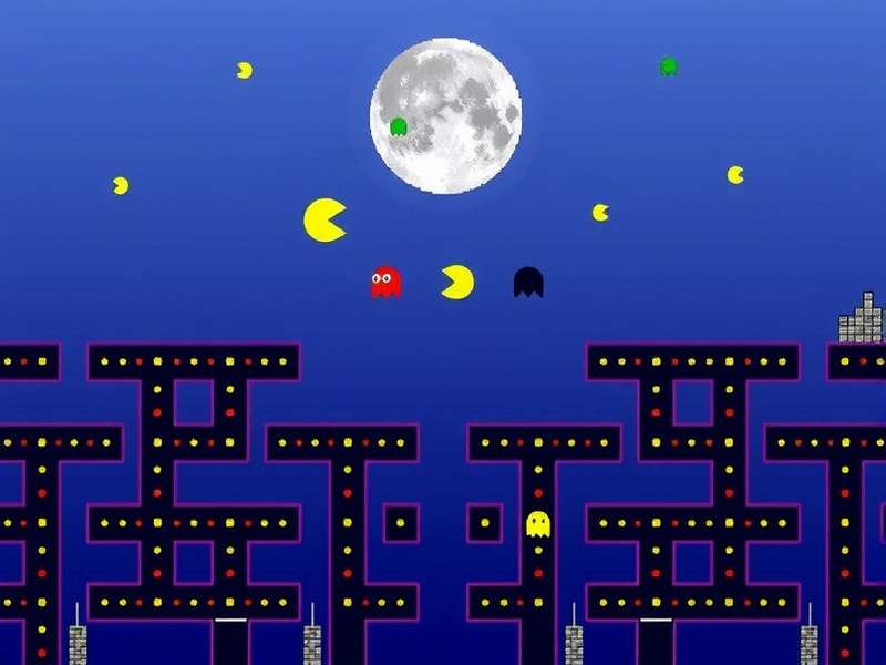 Classic Pacman arcade machine with glowing screen