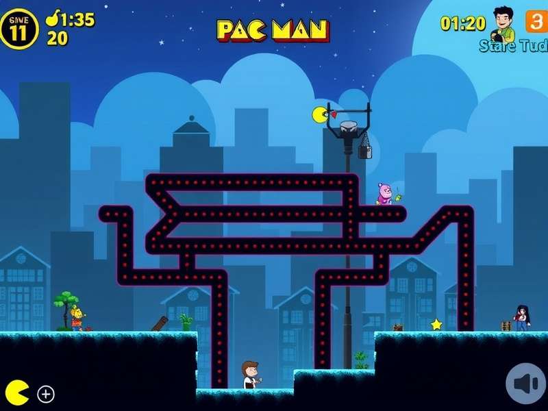 Classic Pac-Man maze glowing on a dark screen with ghost characters nearby