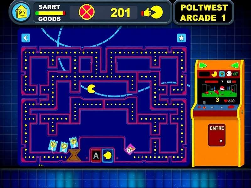 A classic Pacman arcade cabinet in a dimly lit arcade