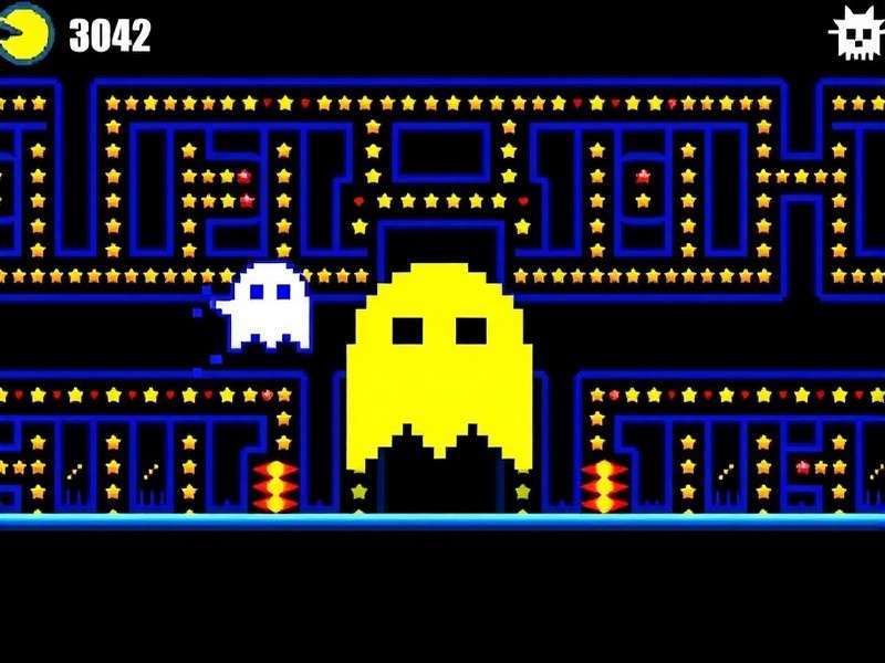A classic PAC-MAN arcade cabinet with glowing screen showing ghosts chasing PAC-MAN