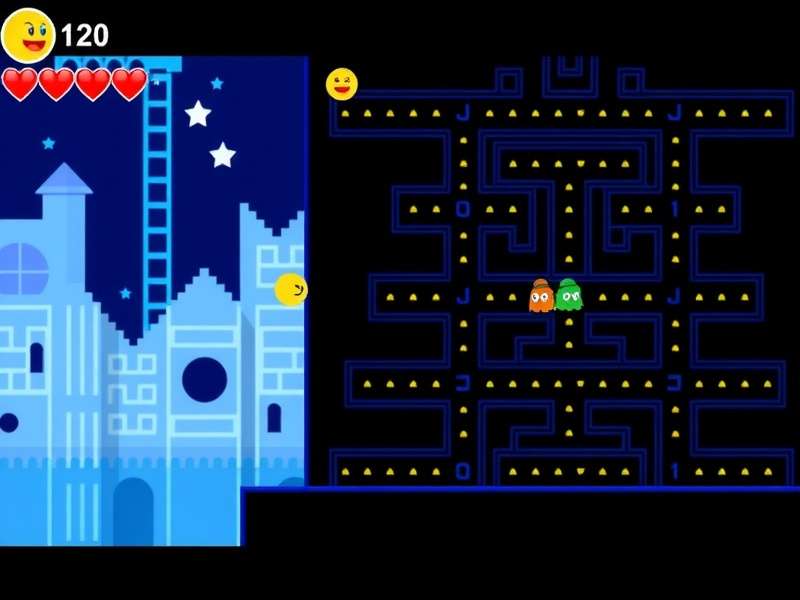 Vibrant neon arcade cabinet featuring PAC MAN and ghosts