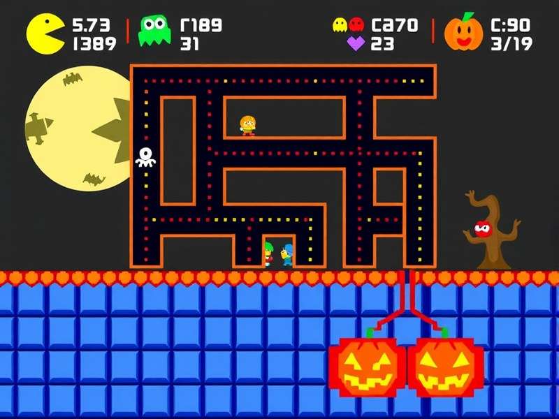 PAC MAN Halloween themed maze with ghosts dressed as monsters