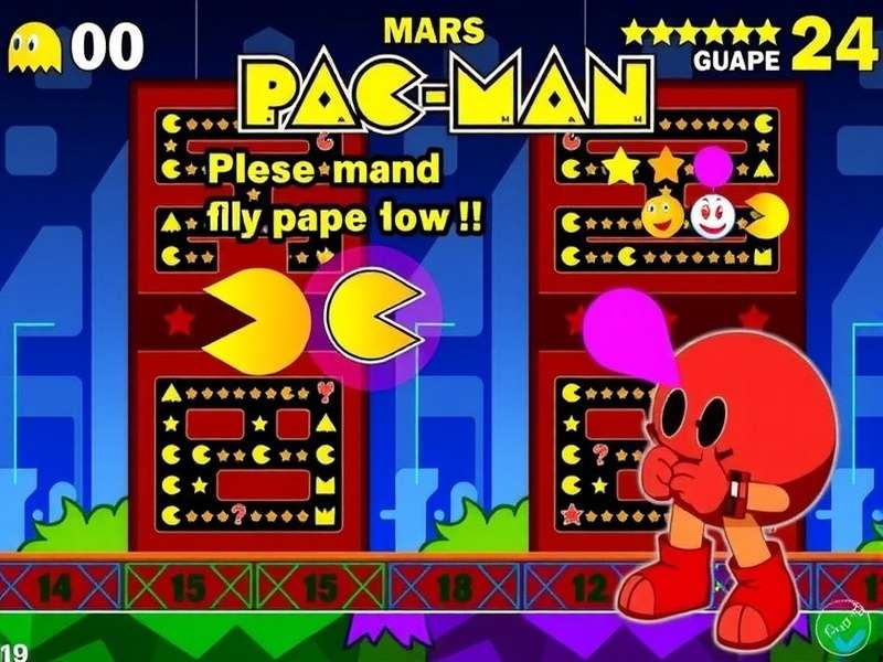 Colorful Mrs. Pac-Man game screen showing the character chasing dots in a maze
