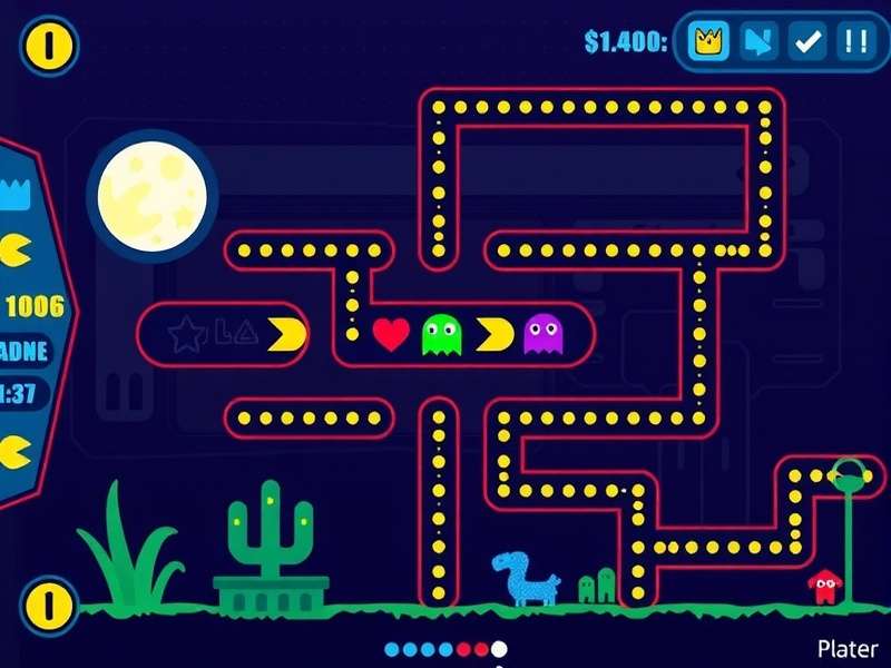 Colorful arcade cabinet with PAC-MAN artwork glowing in a dark room