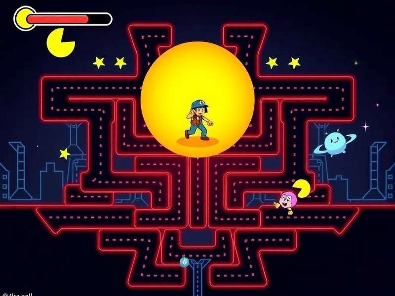 PAC MAN arcade game screen with colorful maze