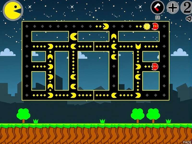 Vibrant neon Pac-Man maze illustration with ghosts