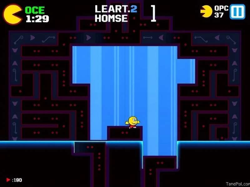 Close-up of hands on an arcade joystick controlling Pac-Man