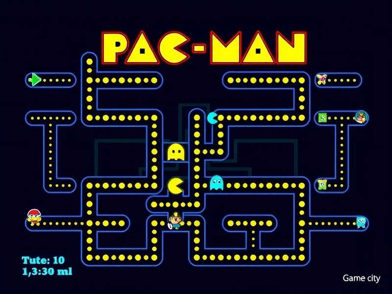 PAC MAN arcade game screen with colorful maze and characters