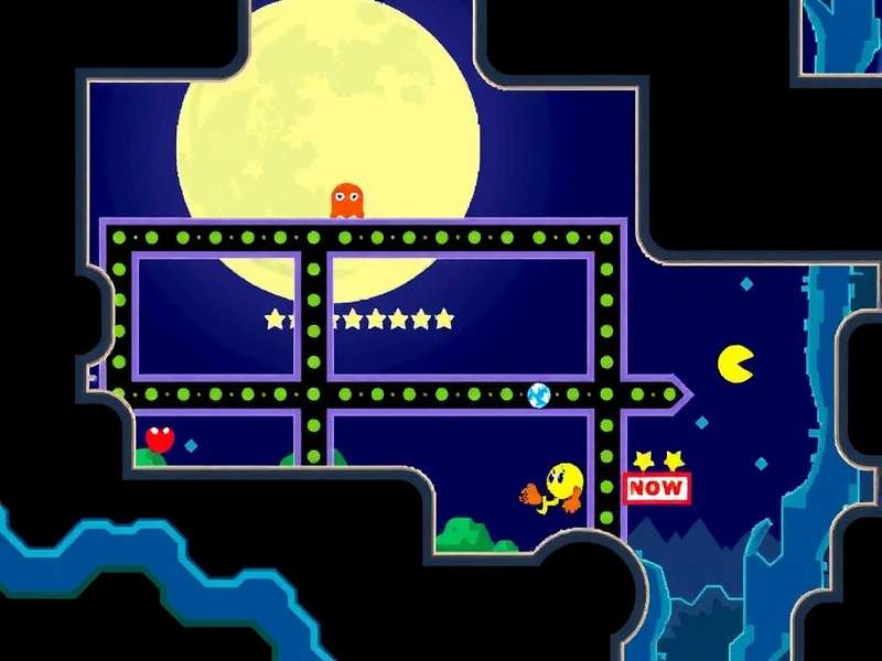 Pac-Man maze layout with glowing dots and ghosts
