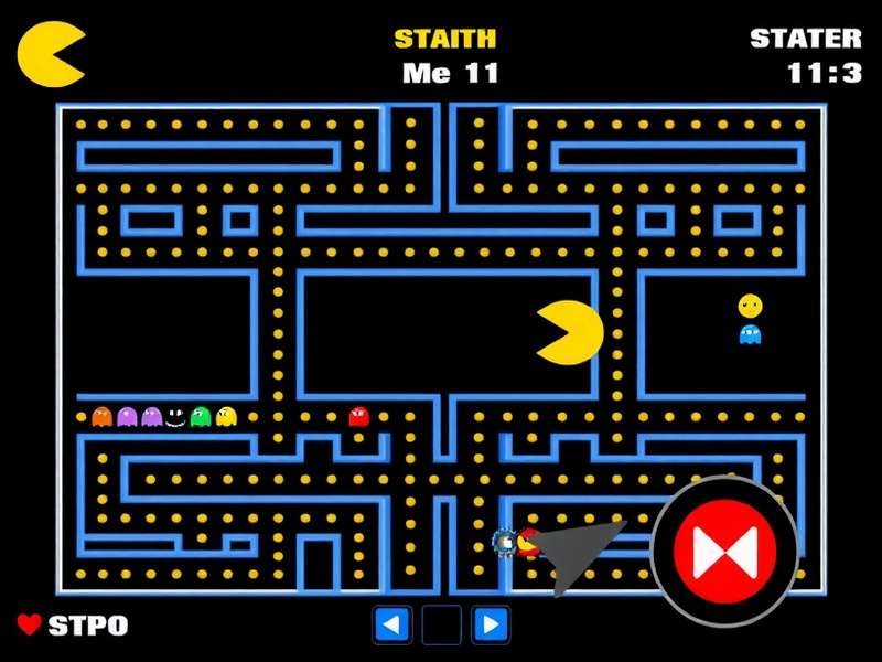 Classic Pac-Man gameplay screenshot showing yellow Pac-Man and four colored ghosts in a maze