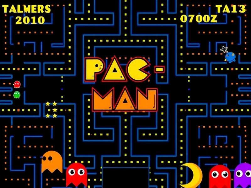 Pac Man arcade game cabinet with yellow character and maze