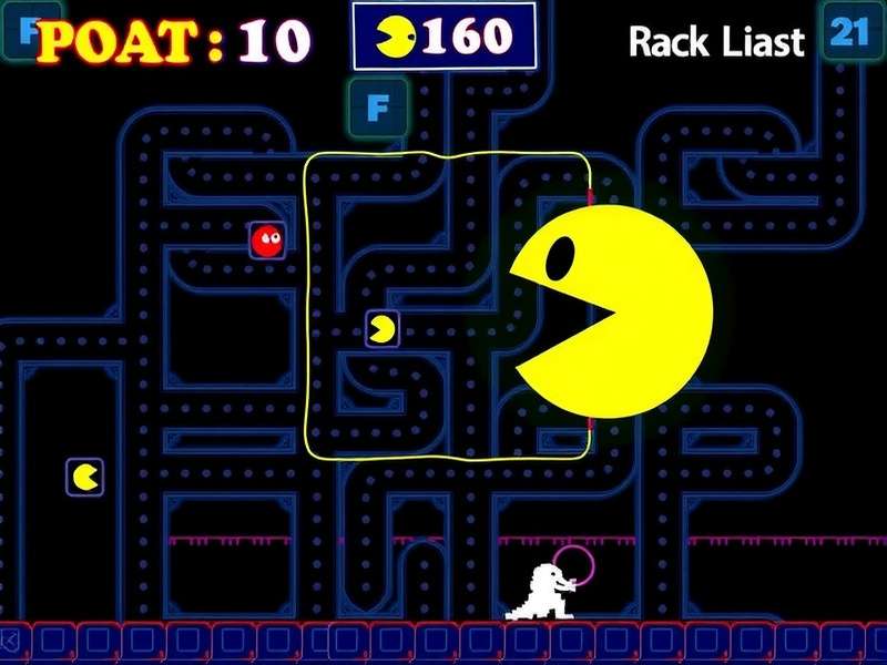 Classic Pac Man maze with Pac-Man and four ghosts: Blinky, Pinky, Inky, and Clyde