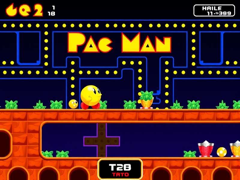 A classic yellow Pac-Man arcade cabinet in a dimly lit arcade