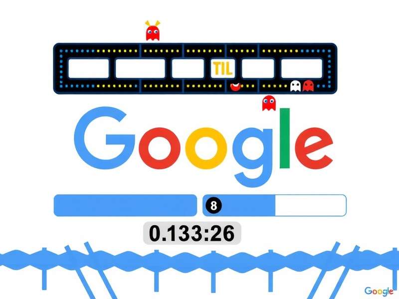 Screenshot of the Pac Man Google Doodle on the Google homepage