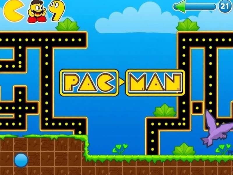 PAC MAN game character in classic maze with ghosts Blinky, Pinky, Inky, and Clyde