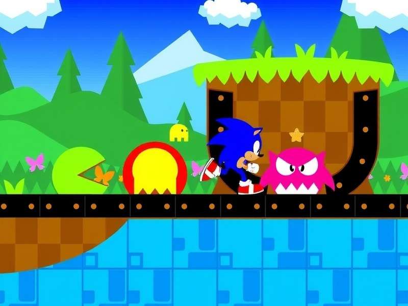 Sonic Dash Pac Man gameplay screenshot showing Pac-Man and Sonic characters in a vibrant maze