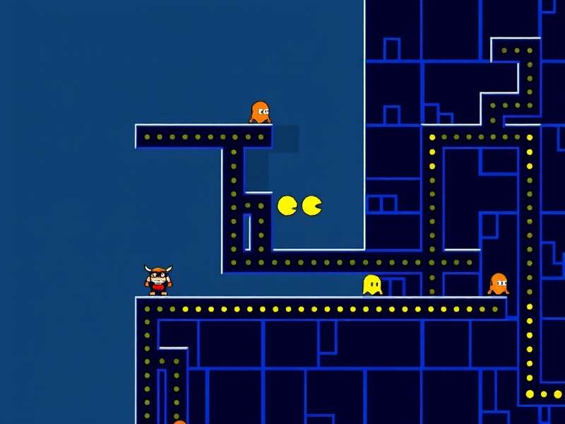 Classic Pac-Man game maze with Pac-Man and ghosts