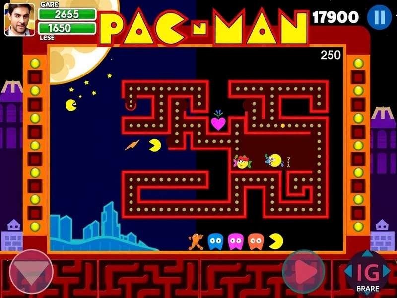Classic Pac-Man arcade cabinet in a dimly lit American arcade