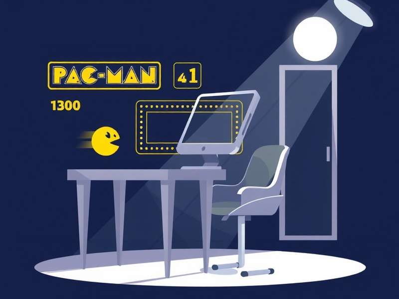 A vintage Pacman arcade cabinet in a dimly lit arcade, glowing screen