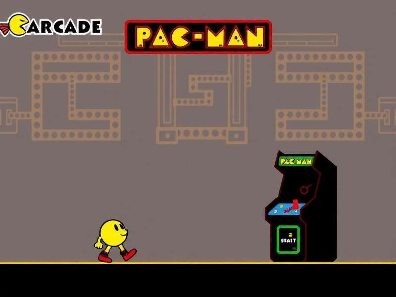 A vibrant, classic yellow Pacman arcade cabinet in a dimly lit arcade