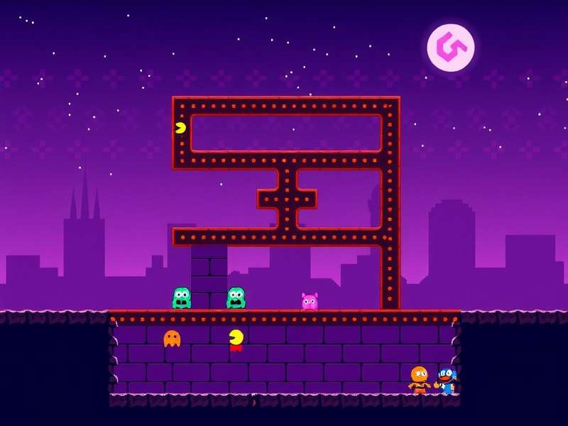 Classic Pac-Man maze with Pac-Man and ghosts on a modern browser interface
