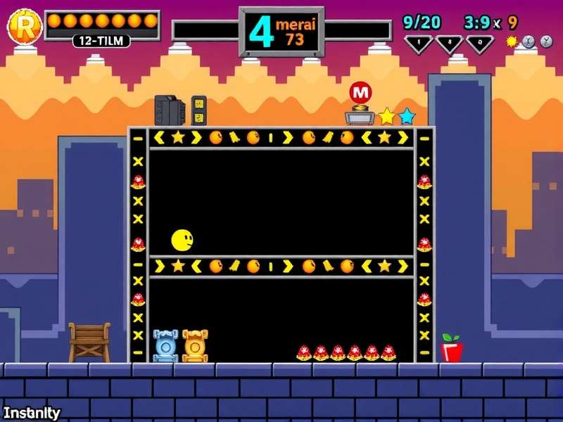 Classic Pacman maze with Pacman and the four ghosts: Blinky, Pinky, Inky, and Clyde