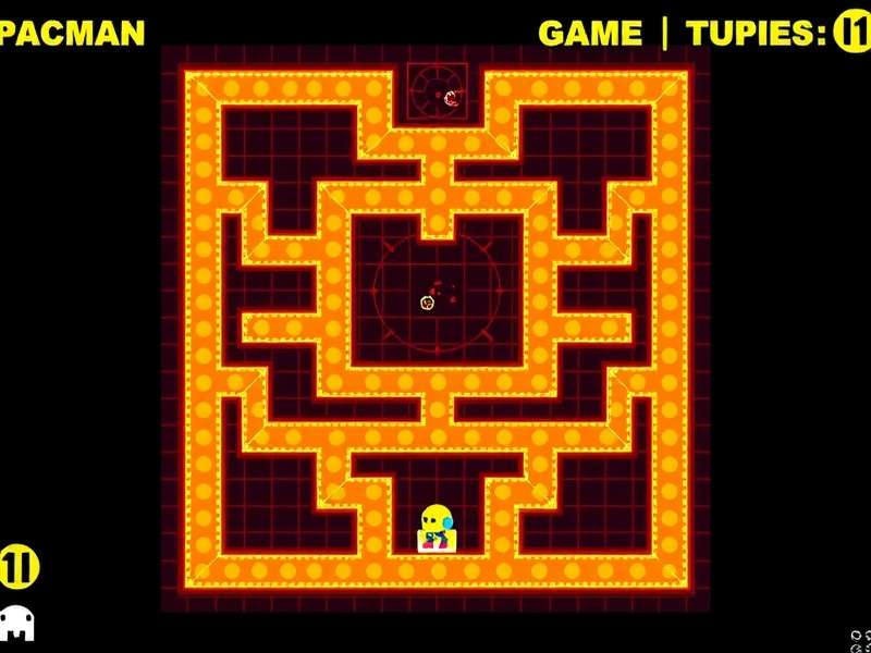 Classic PAC MAN maze with ghosts and power pellets in an arcade-style labyrinth
