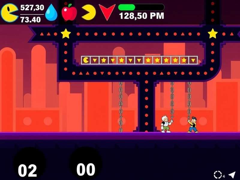 PAC MAN classic maze gameplay with yellow Pac-Man and four colored ghosts on a dark blue background