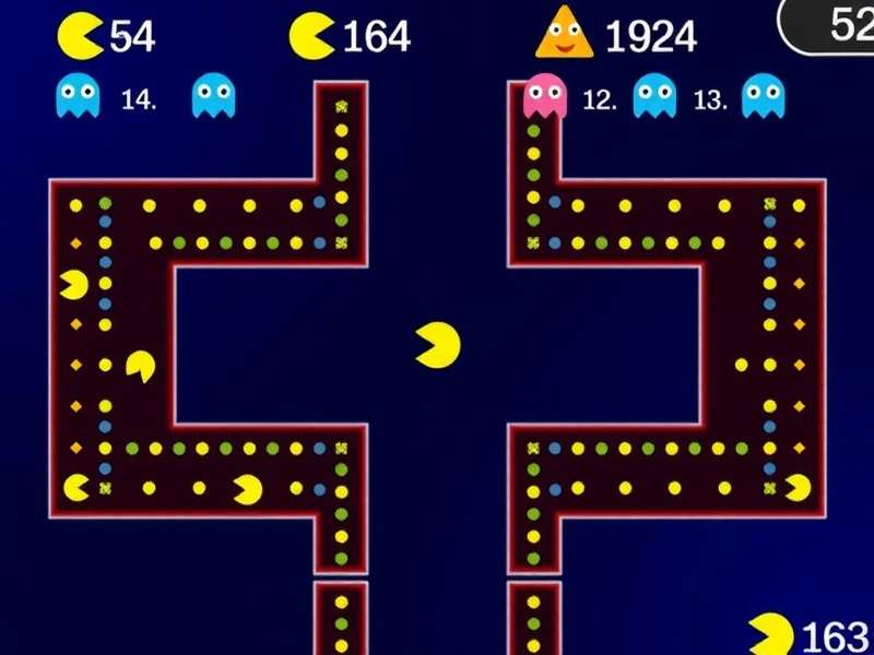 PAC-MAN maze chase scene with ghosts and power pellets in the classic arcade style