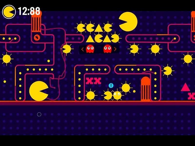 PAC MAN arcade gameplay with colorful ghosts on a dark retro arcade background