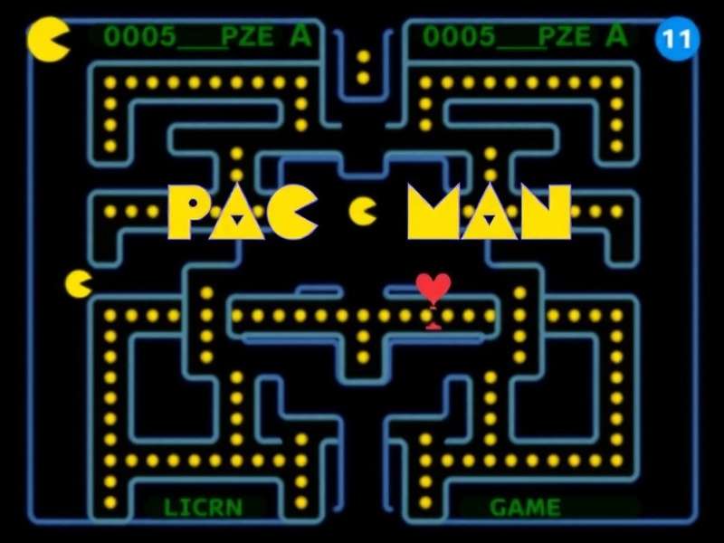 PAC MAN ghost characters and yellow hero in a classic maze layout, USA arcade style