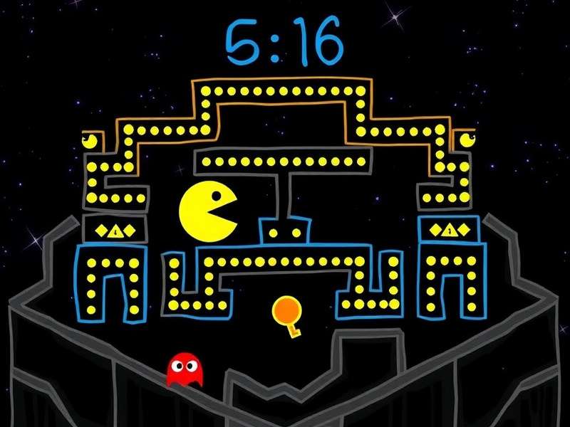 Pacman Doodle – the iconic yellow PAC MAN chasing ghosts in a neon maze