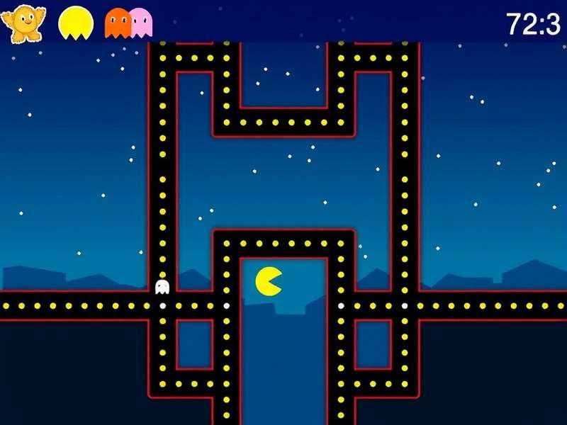 Classic PAC MAN arcade maze with yellow character and four colorful ghosts