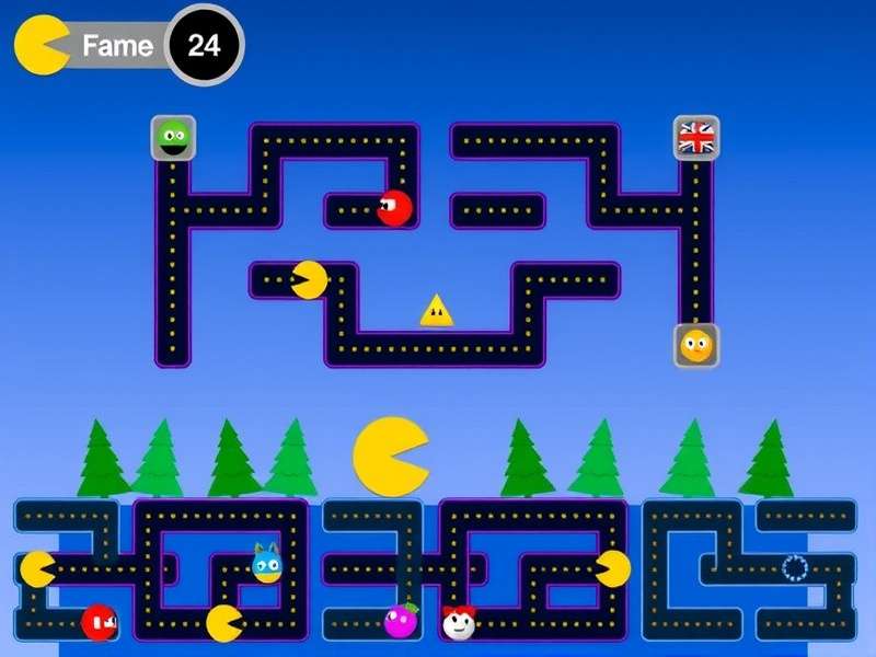PAC-MAN Google Doodle interactive gameplay screenshot showing Pac-Man and ghosts in a maze