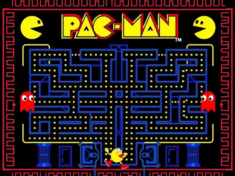 Original Pac-Man arcade cabinet with glowing yellow character and maze