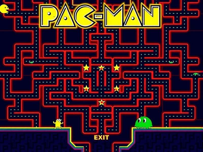 PAC MAN Game classic arcade scene with yellow character and four colorful ghosts on a dark maze