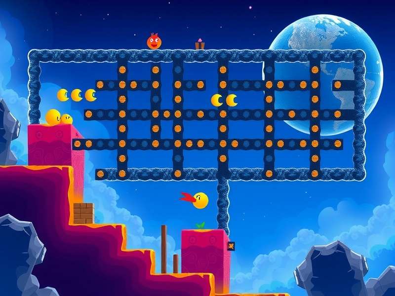 Pacman Echalk — classic PAC MAN arcade gameplay with yellow PAC MAN chasing ghosts on a dark retro background