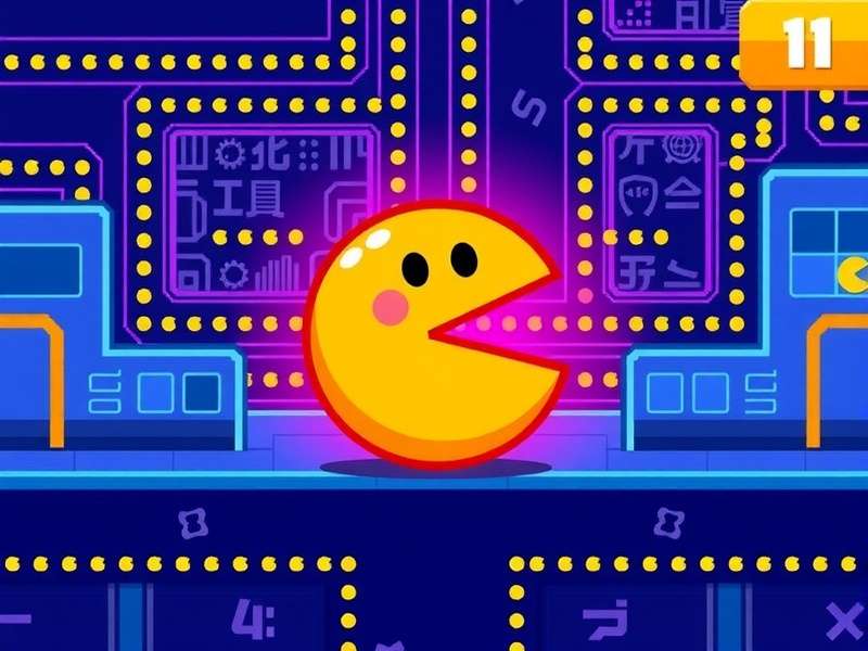 Big Pac Man arcade game retro neon style illustration with PAC MAN and ghosts