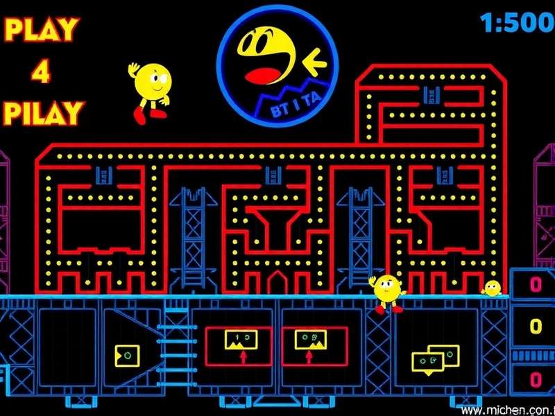 PAC MAN arcade game maze with ghosts and power pellets in retro neon style