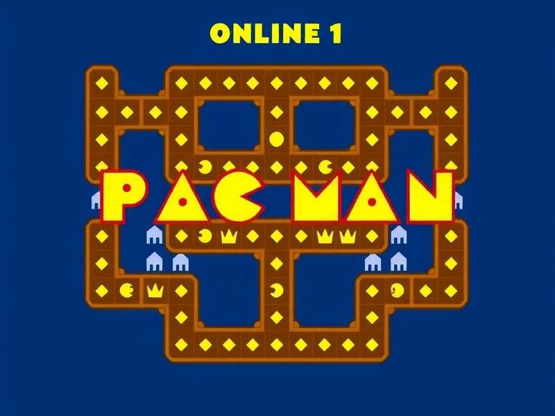 Classic Online Pacman maze with Pac-Man chasing dots and ghosts