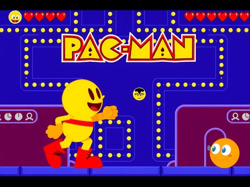 Classic PAC MAN arcade character with four ghosts in a maze, retro style