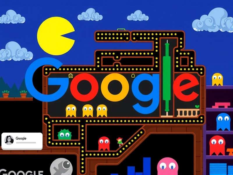 Pac Man Google Doodle interactive playable game screenshot with maze and ghosts