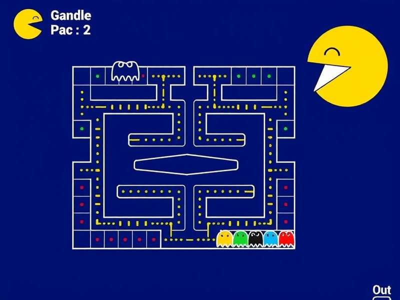 Classic PAC MAN arcade gameplay showing yellow character and four colored ghosts on a blue maze
