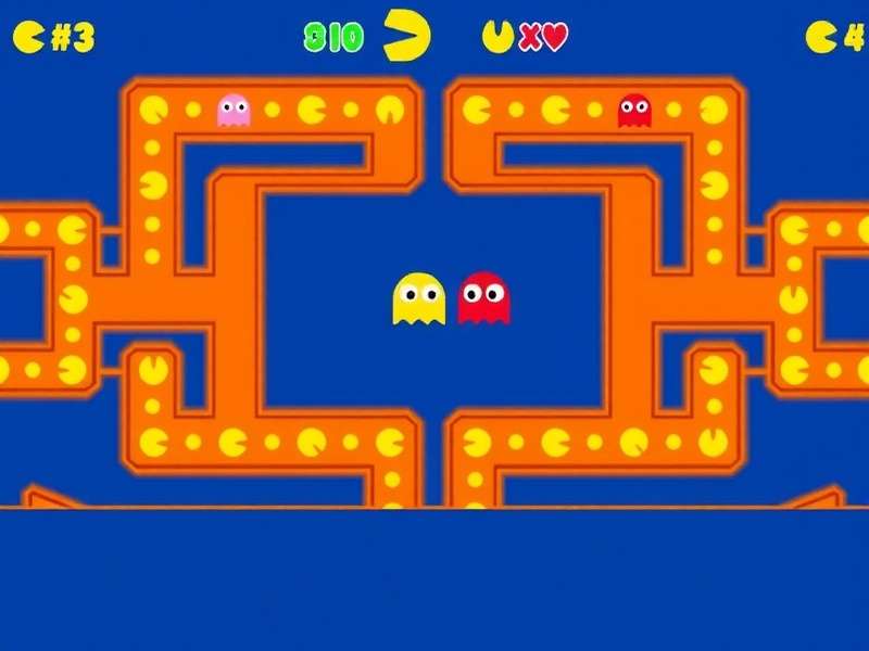 Doodle Pacman arcade game iconic yellow character chasing ghosts on a dark blue background