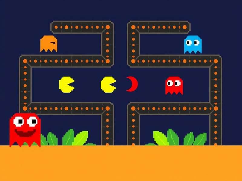 Echalk Pacman gameplay showing the classic yellow PAC MAN character and four colorful ghosts in a maze