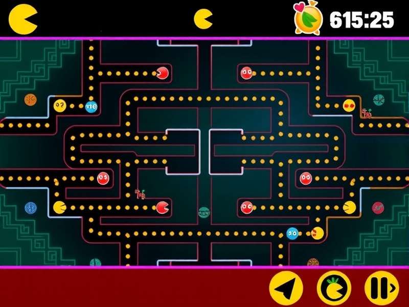 Flash Pacman arcade gameplay with classic yellow PAC MAN chasing ghosts in a neon maze