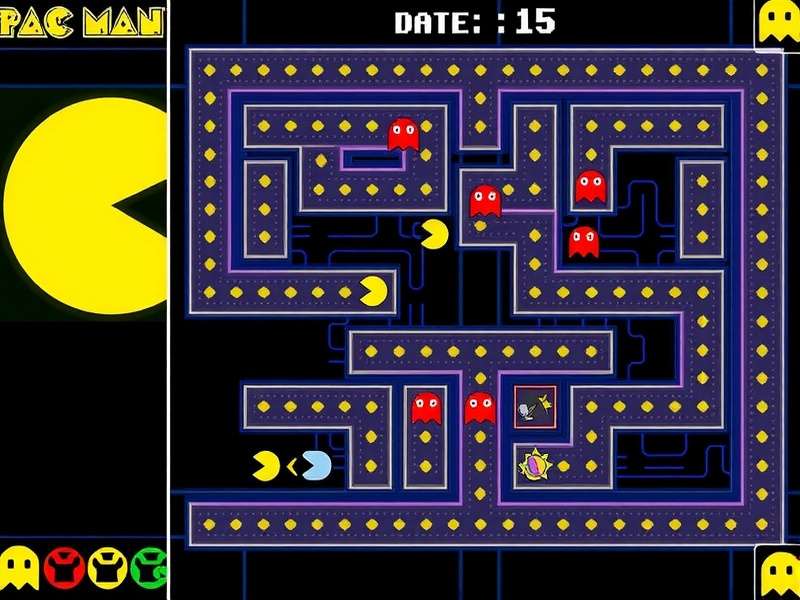 Free Pac Man arcade gameplay with classic yellow character and colorful ghosts on a dark maze background