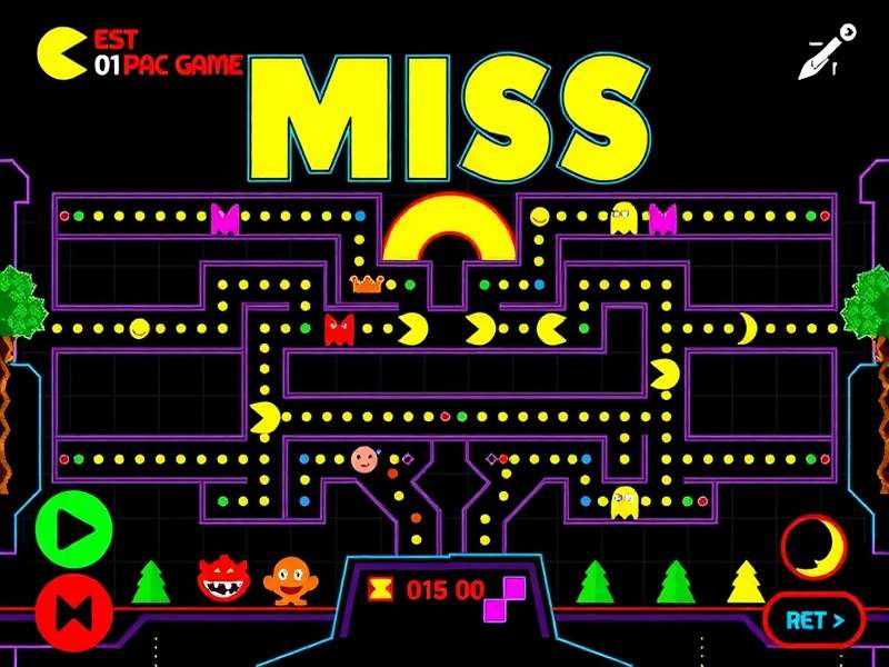 Miss Pac Man arcade cabinet with classic neon lights and retro joystick